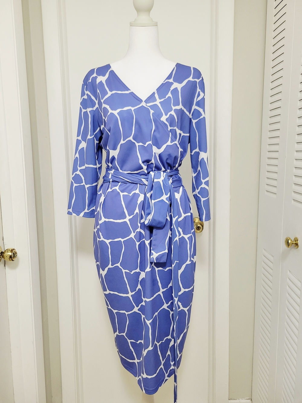 PattyBoutik Periwinkle Blue & White Printed Wrap Midi Dress
